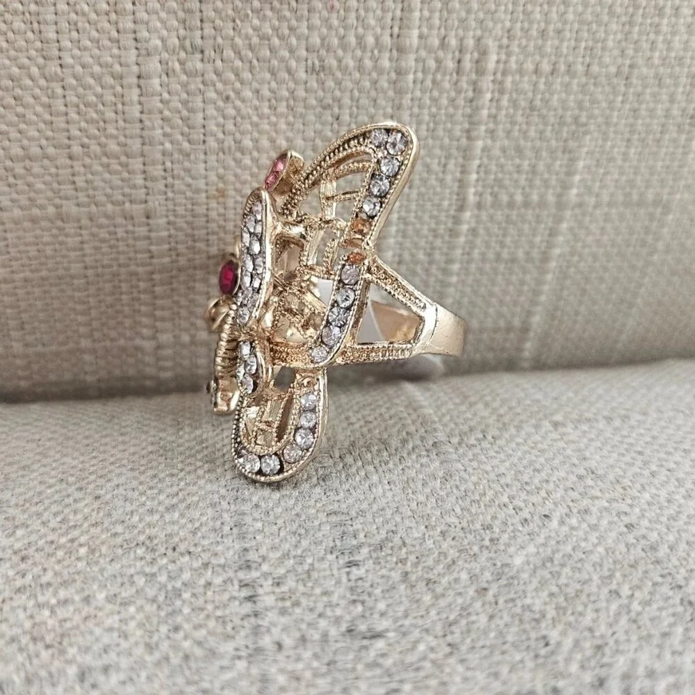 Fashion Ring Butterfly Shape Fancy Jewelry Ring Pink/Red Crystals Sz New Defect - Picture 11 of 12
